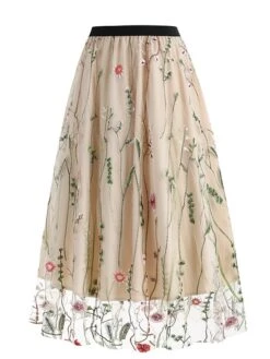 Women's Skirt Swing Midi Tulle Apricot Black White Red Skirts Fall & Winter Floral Embroidered High Waist Vintage Elegant Christmas Xmas Street M L XL -Outlet Suit Skirt Fit Store hjvmtm1694271030293