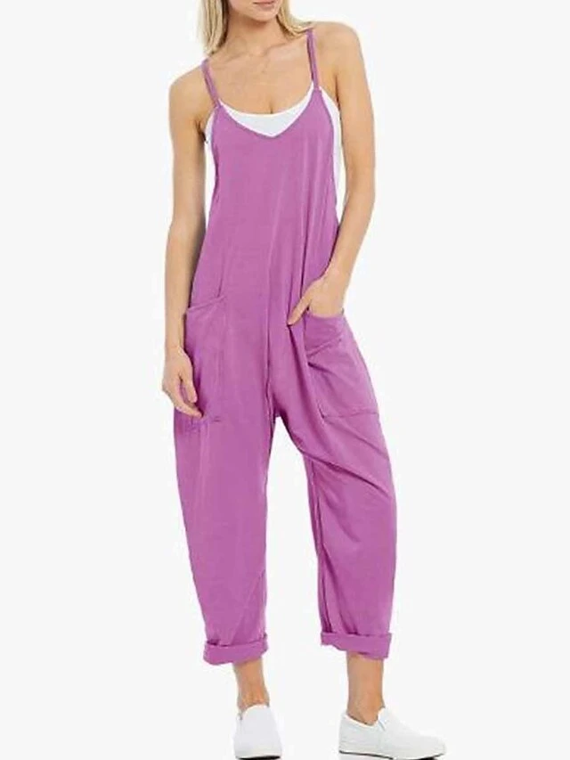 Women's Jumpsuit Backless Pocket Solid Color U Neck Basic Street Daily Regular Fit Sleeveless Black Red Dusty Blue S M L Summer 2 Women's Jumpsuit Backless Pocket Solid Color U Neck Basic Street Daily Regular Fit Sleeveless Black Red Dusty Blue S M L Summer - Image 2