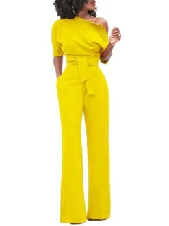 Women's Jumpsuit For Special Occasions Christmas Pocket High Waist Solid Color Cold Shoulder Business Office Work Party Xmas Regular Fit Half Sleeve Black White Yellow S M L Summer -Outlet Suit Skirt Fit Store hmrktm1681106799345