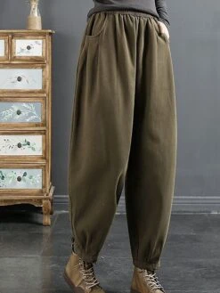 Women's Baggy Harem Pants Full Length Baggy Micro-elastic Fashion Streetwear Outdoor Street Thickened Black Fleece Ginger Yellow Plus Velvet Thick L 100-115 Catties XL 115-130 Catties Fall Winter