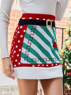 Women's Skirt A Line Mini Acrylic Red Skirts Fall & Winter Patchwork Knitting Belt Included High Waist Fashion Casual Christmas Xmas Street M L XL -Outlet Suit Skirt Fit Store hrgtpf1694270329756