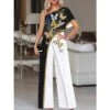 Women's Jumpsuit Patchwork Print Color Block One Shoulder Elegant Daily Vacation Straight Regular Fit Short Sleeve Black S M L Spring