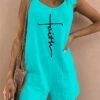 Jumpsuits For Women Summer Romper Print Print Crew Neck Holiday Vacation Weekend Baggy Shorts Loose Fit Strap Sleeveless White Light Green Pink S M L