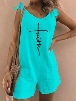 Jumpsuits For Women Summer Romper Print Print Crew Neck Holiday Vacation Weekend Baggy Shorts Loose Fit Strap Sleeveless White Light Green Pink S M L