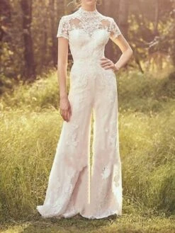 Women's Jumpsuit Lace Solid Color Stand Collar Elegant Wedding Party Regular Fit Short Sleeve White S M L Summer