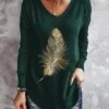 Women's T Shirt Tee Black Blue Green Feather Long Sleeve Casual Daily Basic V Neck Fall & Winter