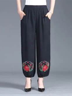 Women's Wide Leg Bloomers Baggy Ankle-Length Cotton Embroidered Pocket Micro-elastic High Waist Fashion Streetwear Outdoor Casual 7 Safflower 1 Garden Flower XL 2XL Summer Fall -Outlet Suit Skirt Fit Store hxtrof1691132964982