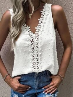 Women's Tank Top White Plain Lace Sleeveless Casual Fashion Basic Elegant V Neck Regular Fit
