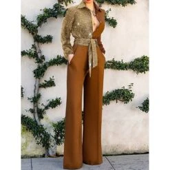 Women's Jumpsuit Patchwork Color Maillard Block Shirt Collar Elegant Daily Vacation Straight Regular Fit Regular Straps Brown S M L Summer Fall