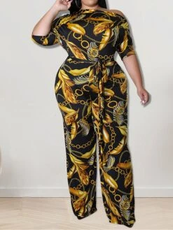 Women's Jumpsuit High Waist Print Crew Neck Streetwear Street Holiday Regular Fit Half Sleeve Yellow Blue XL XXL 3XL Spring