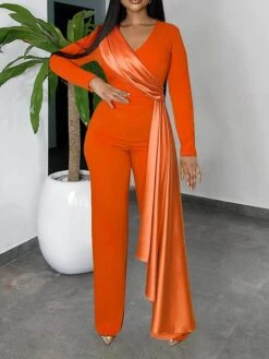 Women's Jumpsuit High Waist Solid Color V Neck Elegant Wedding Party Regular Fit Long Sleeve Black Blue Orange S M L Summer -Outlet Suit Skirt Fit Store icisdr1678257632953