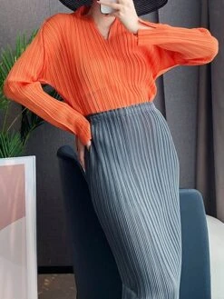 Women's T Shirt Tee Textured Orange Brown Plain Long Sleeve Daily Weekend Basic Neon & Bright V Neck Regular Fit Spring &Fall -Outlet Suit Skirt Fit Store icycsf1693480142323