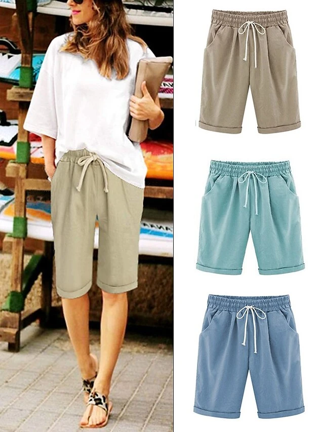 Women's Slacks Sunday Shorts Cotton Blend Light Blue Pink ArmyGreen Mid Waist Vacation Casual Work Beach Pocket Micro-elastic Knee Length Lightweight Solid Color S M L XL 2XL / Loose Fit 1 Women's Slacks Sunday Shorts Cotton Blend Light Blue Pink ArmyGreen Mid Waist Vacation Casual Work Beach Pocket Micro-elastic Knee Length Lightweight Solid Color S M L XL 2XL / Loose Fit