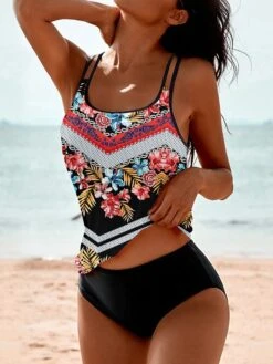 Women's Swimwear Tankini 2 Piece Normal Swimsuit 2 Piece Printing Floral Red Blue Purple Tank Top Bathing Suits Sports Beach Wear Summer
