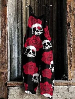 Women's Jumpsuit Halloween Print Print Crew Neck Holiday Party Going Out Straight Loose Fit Strap Black Red Orange S M L All Seasons