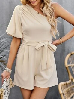 Women's Romper Lace Up Pocket Solid Color One Shoulder Holiday Daily Vacation Regular Fit Short Sleeve Black Pink Wine S M L Summer -Outlet Suit Skirt Fit Store iollwj1679450644352