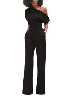 Women's Jumpsuit For Special Occasions Christmas Pocket High Waist Solid Color Cold Shoulder Business Office Work Party Xmas Regular Fit Half Sleeve Black White Yellow S M L Summer -Outlet Suit Skirt Fit Store istllb1681106797893