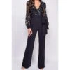 Women‘s Jumpsuit Solid Color Deep V Sequin Xmas Wedding Elegant Daily Holiday Christmas Straight Regular Fit Long Sleeve Black 3XL Spring