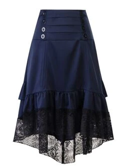 Women's Skirt Asymmetrical Polyester Lace Over Charmeuse Black Red Navy Blue Skirts Winter Ruffle Drawstring Side Button High Waist Steampunk® Retro Gothic Carnival Costumes Ladies Christmas -Outlet Suit Skirt Fit Store itzwij1635224754523