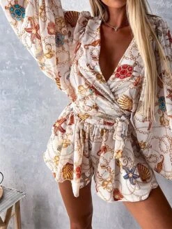 Women's Romper Print Floral V Neck Streetwear Street Going Out Regular Fit Long Sleeve Pink Red Blue S M L Summer -Outlet Suit Skirt Fit Store ivduwg1681877074503