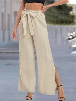 Women's Wide Leg Linen Pants Pants Trousers Cotton And Linen Black Blue Green High Waist Fashion Streetwear Elegant Vacation Casual Daily Weekend Pocket Micro-elastic Full Length Comfort Plain S M L