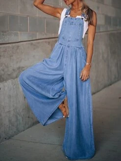 Women's Overall Cowboy Bib Pocket Solid Color Square Neck Streetwear Street Daily Regular Fit Sleeveless Navy Blue Light Blue S M L Summer Fall