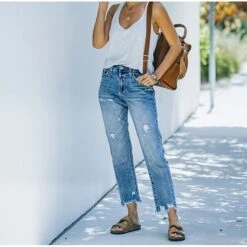 Women‘s Moms Jeans Low Rise Pants Trousers Distressed Ankle-Length Denim Side Pockets Micro-elastic Mid Waist Fashion Casual Weekend Blue S M Summer Spring & Fall -Outlet Suit Skirt Fit Store jdflql1652193417983