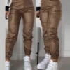 Women's Cargo Pants Maillard Slim Trousers Full Length PU Micro-elastic High Waist Fashion Streetwear Street Daily Black Red S M Fall Winter