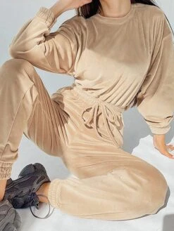 Women‘s Jumpsuit Pocket High Waist Velvet Solid Color Crew Neck Streetwear Street Daily Regular Fit Long Sleeve Blue Purple Khaki S M L Fall