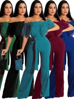 Women's Jumpsuit Lace Up Lace Solid Color Off Shoulder Business Office Work Regular Fit Short Sleeve Black Wine Royal Blue S M L Fall
