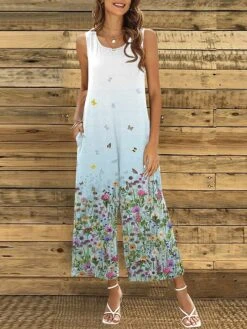 Women's Jumpsuit Pocket Print Floral Crew Neck Casual Daily Going Out Straight Regular Fit Spaghetti Strap White Pink Blue S M L Summer -Outlet Suit Skirt Fit Store jmbztn1687952197227