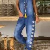 Denim Jumpsuit For Women Overall Pocket Print Floral U Neck Active Vacation Weekend Cargo Loose Fit Sleeveless Dark Gray Light Blue S M L Summer Fall Cowgirl Jeans & Western Wear