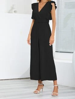 Jumpsuit For Woman Ruffle Solid Color V Neck Streetwear Holiday Vacation Regular Fit Sleeveless Black White Blue S M L Spring -Outlet Suit Skirt Fit Store jpbile1674008859828
