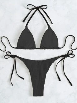 Sexy String Bikini 2023 Women Solid Colors Thong Halter Bikinis Set Textured Swimsuit Adjustable Micro Bathing Suit Feminino Biquini Set Beachwear Swimming Suit -Outlet Suit Skirt Fit Store jpexrx1689246132405