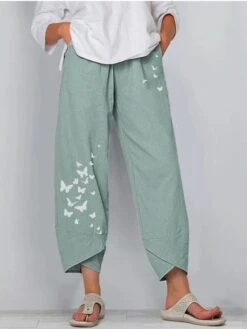 Women's Linen Pants Pants Trousers Capri Shorts Ankle-Length Linen / Cotton Blend Baggy Print High Waist Chino Casual Going Out Black / Red Light Green S M Spring &Fall