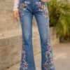 Women's Jeans Bootcut Bell Bottom Full Length Denim Embroidered Micro-elastic Mid Waist Fashion Streetwear Street Daily Dark Blue LightBlue S M Fall Winter