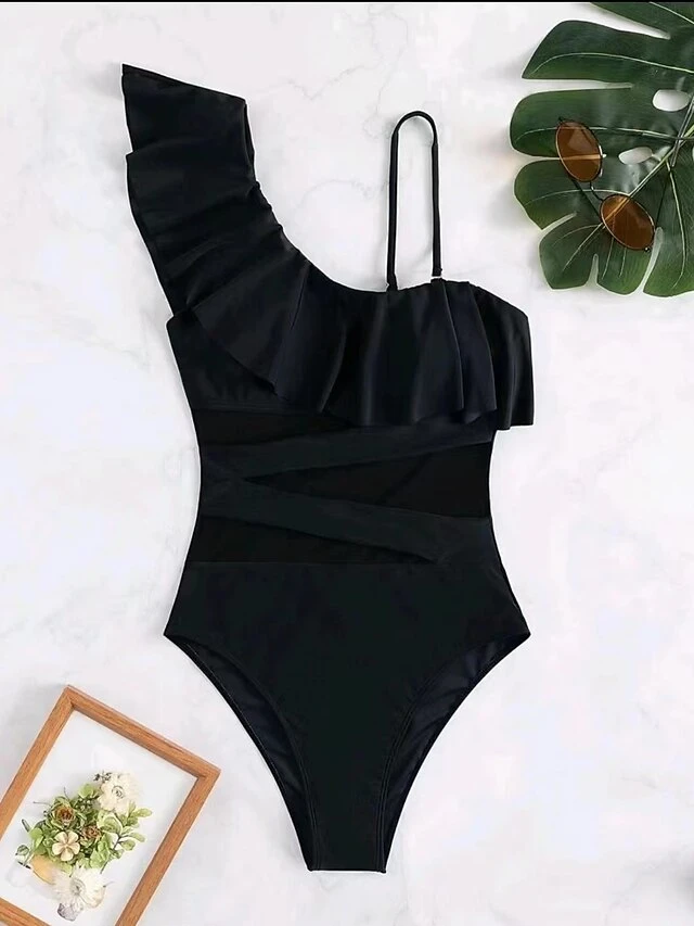 Stylish Women Sexy Mesh Swimwear Ruffles Sloping Shoulder One Piece Swimsuit Solid Colors Beach Swimming Bodysuit High Cut Bathing Suits 9 Stylish Women Sexy Mesh Swimwear Ruffles Sloping Shoulder One Piece Swimsuit Solid Colors Beach Swimming Bodysuit High Cut Bathing Suits - Image 9