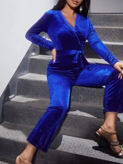 Women‘s Jumpsuit High Waist Solid Color Velvet V Neck Streetwear Wedding Party Regular Fit Long Sleeve Blue S M L Fall -Outlet Suit Skirt Fit Store jwzjbb1665740263158
