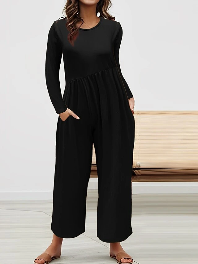 Women's Jumpsuit Pocket Solid Color Crew Neck Streetwear Street Daily Straight Regular Fit Long Sleeve Black Yellow Red S M L Fall 6 Women's Jumpsuit Pocket Solid Color Crew Neck Streetwear Street Daily Straight Regular Fit Long Sleeve Black Yellow Red S M L Fall - Image 6