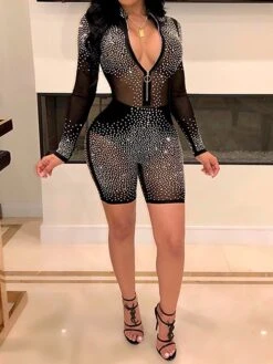 Women's Romper Solid Color Deep V Active Daily Vacation Slim Long Sleeve Black Pink S M L Fall