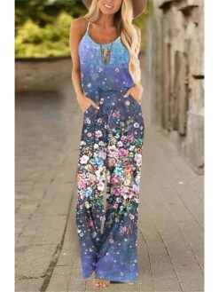 Jumpsuit For Woman CasualPocket Print Floral U Neck Daily Going Out Straight Regular Fit Spaghetti Strap White Light Green Royal Blue S M L Summer