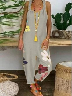 Jumpsuits For Women Summer Backless Floral U Neck Active Casual Daily Straight Regular Fit Sleeveless Blue Black Gray S M L Spring