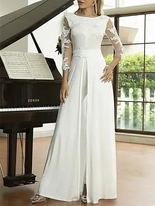 Women's Jumpsuit Lace Solid Color Crew Neck Streetwear Wedding Party Regular Fit Long Sleeve White S M L Summer 3 Women's Jumpsuit Lace Solid Color Crew Neck Streetwear Wedding Party Regular Fit Long Sleeve White S M L Summer - Image 3