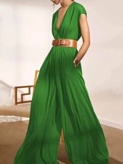 Women‘s Jumpsuit For Special Occasions Christmas Clean Fit Pocket Solid Color Deep V Wedding Holiday Xmas Street Daily Regular Fit Short Sleeve Black White Brown S M L Summer Without Belt