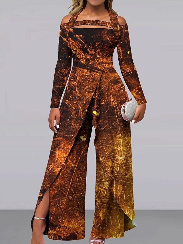 Women's Jumpsuit Print Gradient Off Shoulder Elegant Party Holiday Wide Leg Regular Fit Long Sleeve Black Camel Khaki S M L All Seasons 2 Women's Jumpsuit Print Gradient Off Shoulder Elegant Party Holiday Wide Leg Regular Fit Long Sleeve Black Camel Khaki S M L All Seasons - Image 2