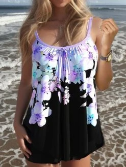 Women's Swimwear Tankini 2 Piece Plus Size Swimsuit 2 Piece Floral Striped Light Blue Black Blue Purple Green Tank Top High Neck Bathing Suits Sports Summer -Outlet Suit Skirt Fit Store krkokq1688104719125