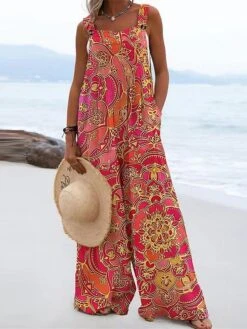 Women's Jumpsuit Pocket Print Floral Square Neck Casual Street Daily Regular Fit Sleeveless Blue Yellow Orange S M L Spring