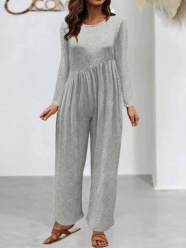 Women's Jumpsuit Pocket Solid Color Crew Neck Streetwear Street Daily Straight Regular Fit Long Sleeve Black Yellow Red S M L Fall 2 Women's Jumpsuit Pocket Solid Color Crew Neck Streetwear Street Daily Straight Regular Fit Long Sleeve Black Yellow Red S M L Fall - Image 2