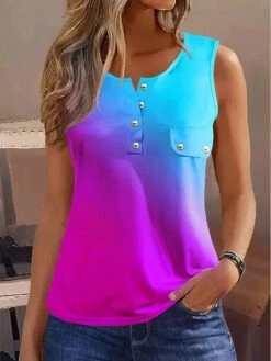 Women's Tank Top Light Blue Claret Black Color Gradient Button Print Sleeveless Casual Basic Neon & Bright Round Neck Regular Fit