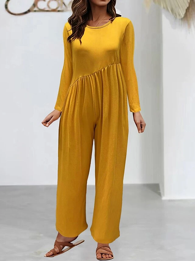 Women's Jumpsuit Pocket Solid Color Crew Neck Streetwear Street Daily Straight Regular Fit Long Sleeve Black Yellow Red S M L Fall 3 Women's Jumpsuit Pocket Solid Color Crew Neck Streetwear Street Daily Straight Regular Fit Long Sleeve Black Yellow Red S M L Fall - Image 3